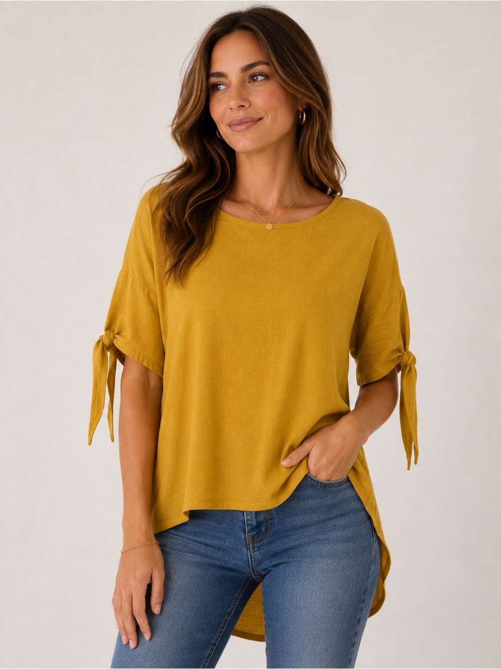 Frank Lyman Design Mustard Yellow Tie-Sleeve Tunic back buttons size 10 woman